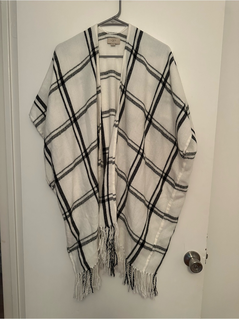 LOFT White and Black Plaid Fringe Open-Front Poncho